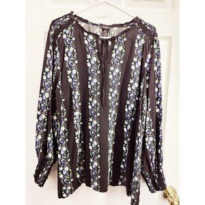 Talbots Black Floral Peasant Blouse Top Womens Size 2X Smocked Cuffs Shoulders